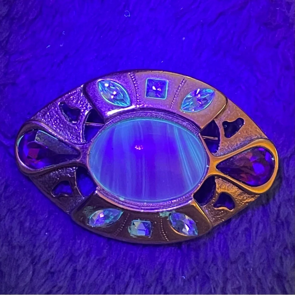 Vintage Gold-tone Brooch with Pink Center and Blue & Purple Accents